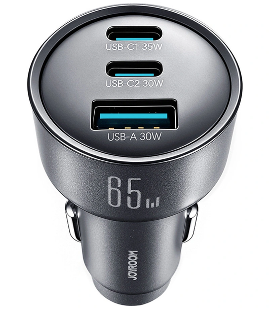 Joyroom JR-CCN19 autós töltő, 65W, 1 x USB-A - 2 x USB-C, Szürke