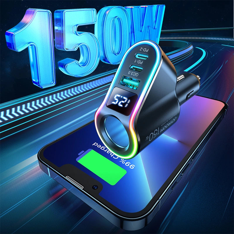 Joyroom JR-CL21 autós töltő, 150W, 3A, 1 x szivargyújtó kiterjesztés - 1 x USB-A - 2 x USB-C, Fekete