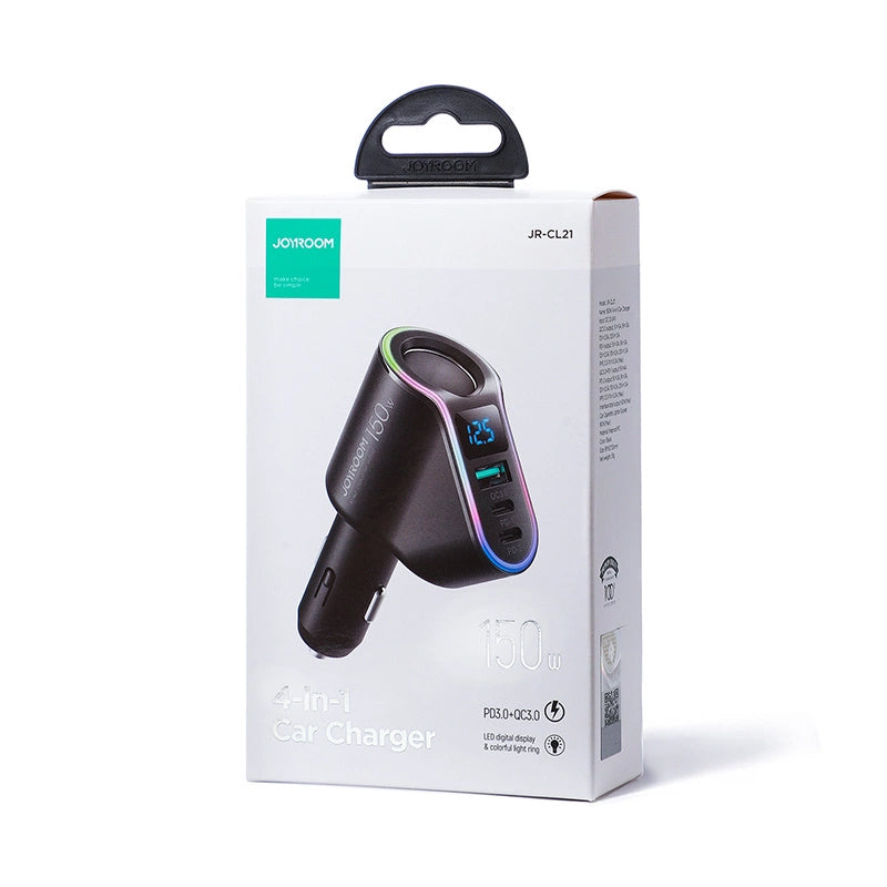 Joyroom JR-CL21 autós töltő, 150W, 3A, 1 x szivargyújtó kiterjesztés - 1 x USB-A - 2 x USB-C, Fekete