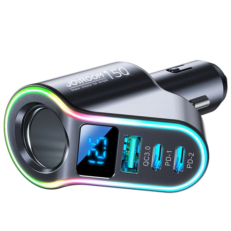Joyroom JR-CL21 autós töltő, 150W, 3A, 1 x szivargyújtó kiterjesztés - 1 x USB-A - 2 x USB-C, Fekete