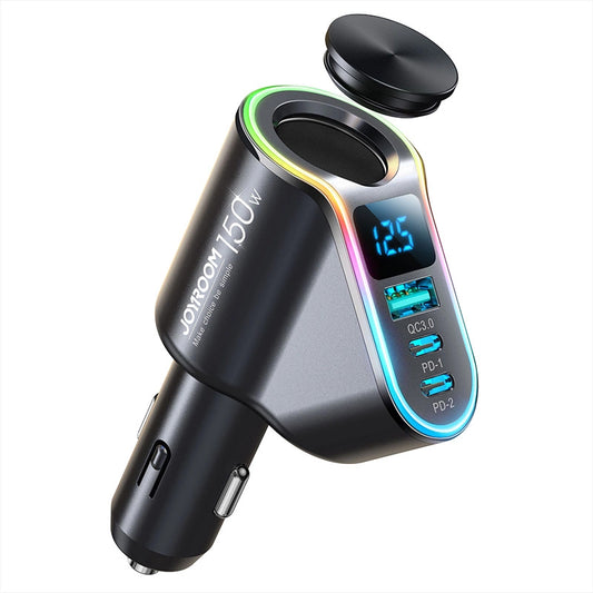 Joyroom JR-CL21 autós töltő, 150W, 3A, 1 x szivargyújtó kiterjesztés - 1 x USB-A - 2 x USB-C, Fekete