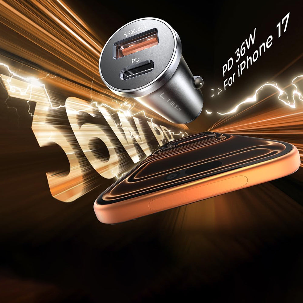 Lisen Autós Töltő, 36W, 3A, 1 x USB-A - 1 x USB-C, Fekete YL0223090002