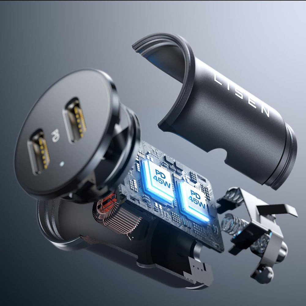 Lisen Autós Töltő, 45W, 3A, 2 x USB-C, Fekete YL0223080007