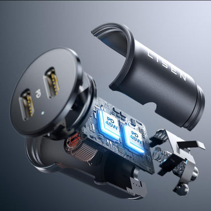 Lisen Autós Töltő, 45W, 3A, 2 x USB-C, Fekete YL0223080007