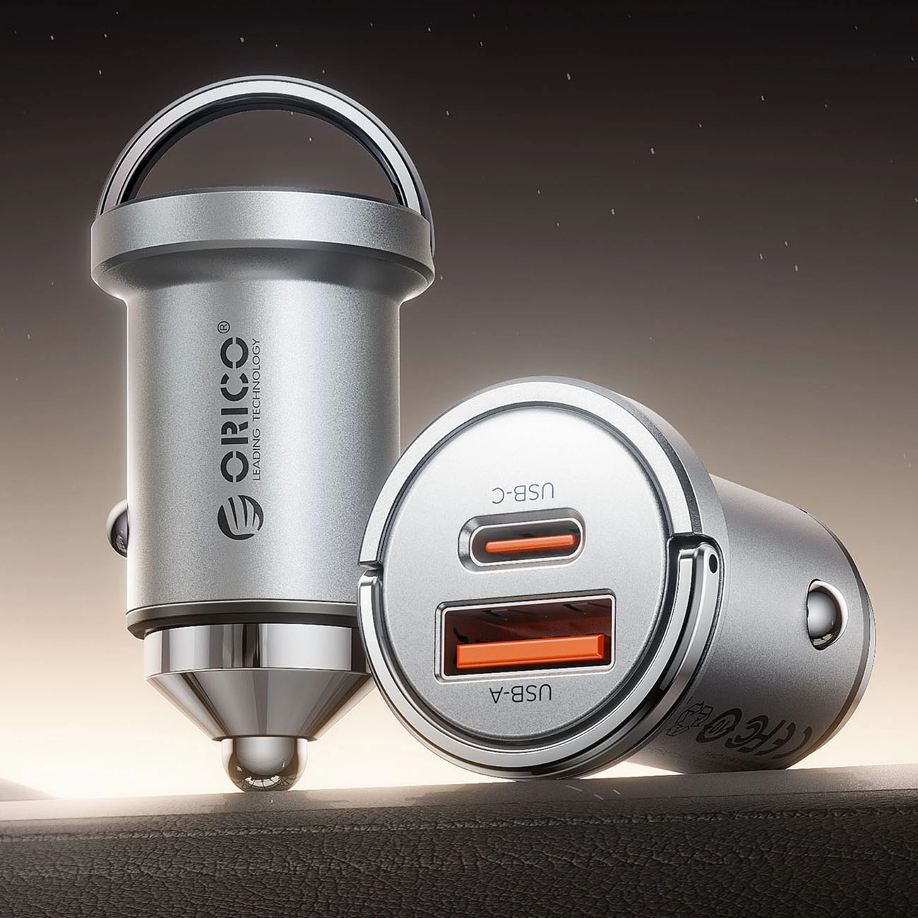 Orico MiniRing Pro Car Charger, 45W, 3A, 1 x USB-A - 1 x USB-C, Silver