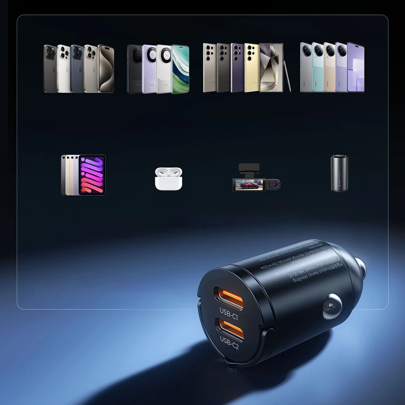 Orico MiniRing Car Charger, 30W, 3A, 2 x USB-C, Black