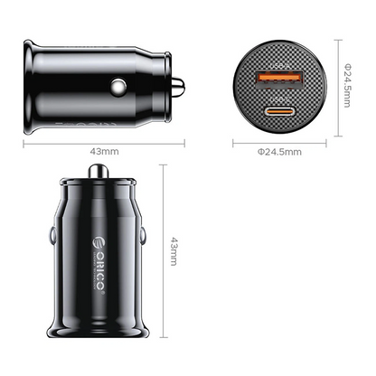 Orico PowerMini Car Charger, 30W, 3A, 1 x USB-A - 1 x USB-C, Black