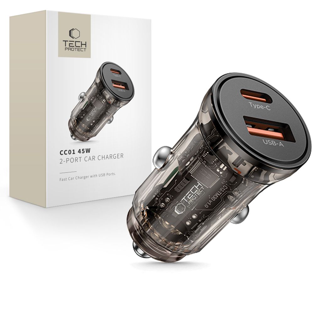 Tech-Protect CC01 autós töltő, 45W, 5A, 1 x USB-A - 1 x USB-C, fekete