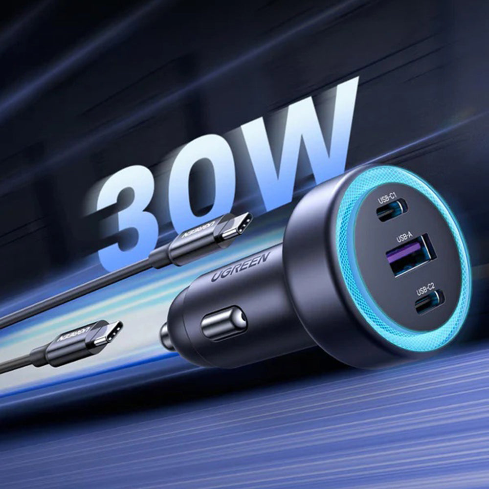 UGREEN EC307 autós töltő, 30W, 3A, 1 x USB-A - 2 x USB-C, szürke