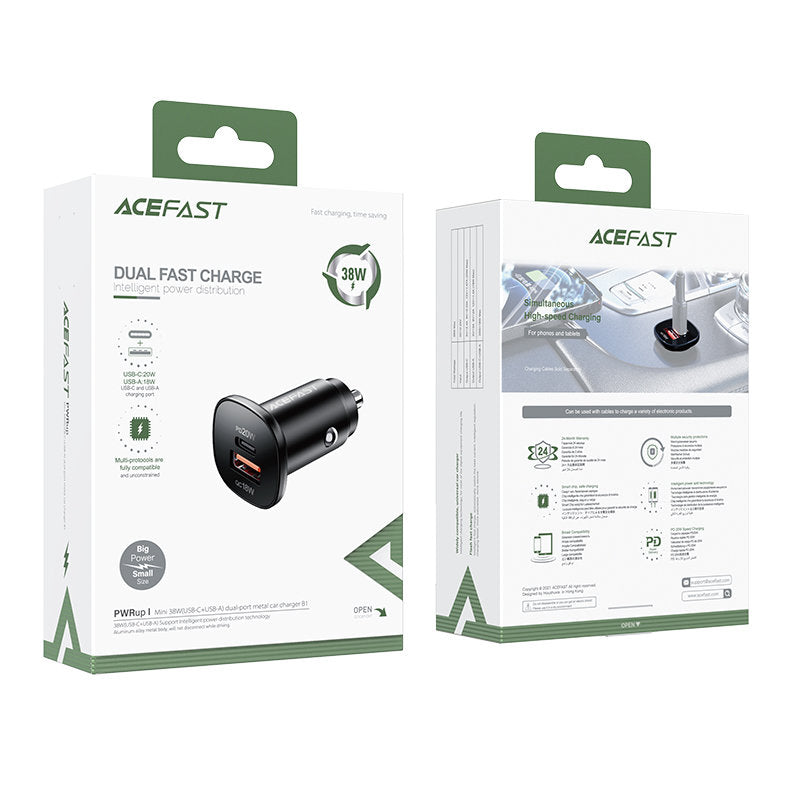 Acefast B1 autós töltő, 38W, 3A, 1 x USB-A - 1 x USB-C, Fekete