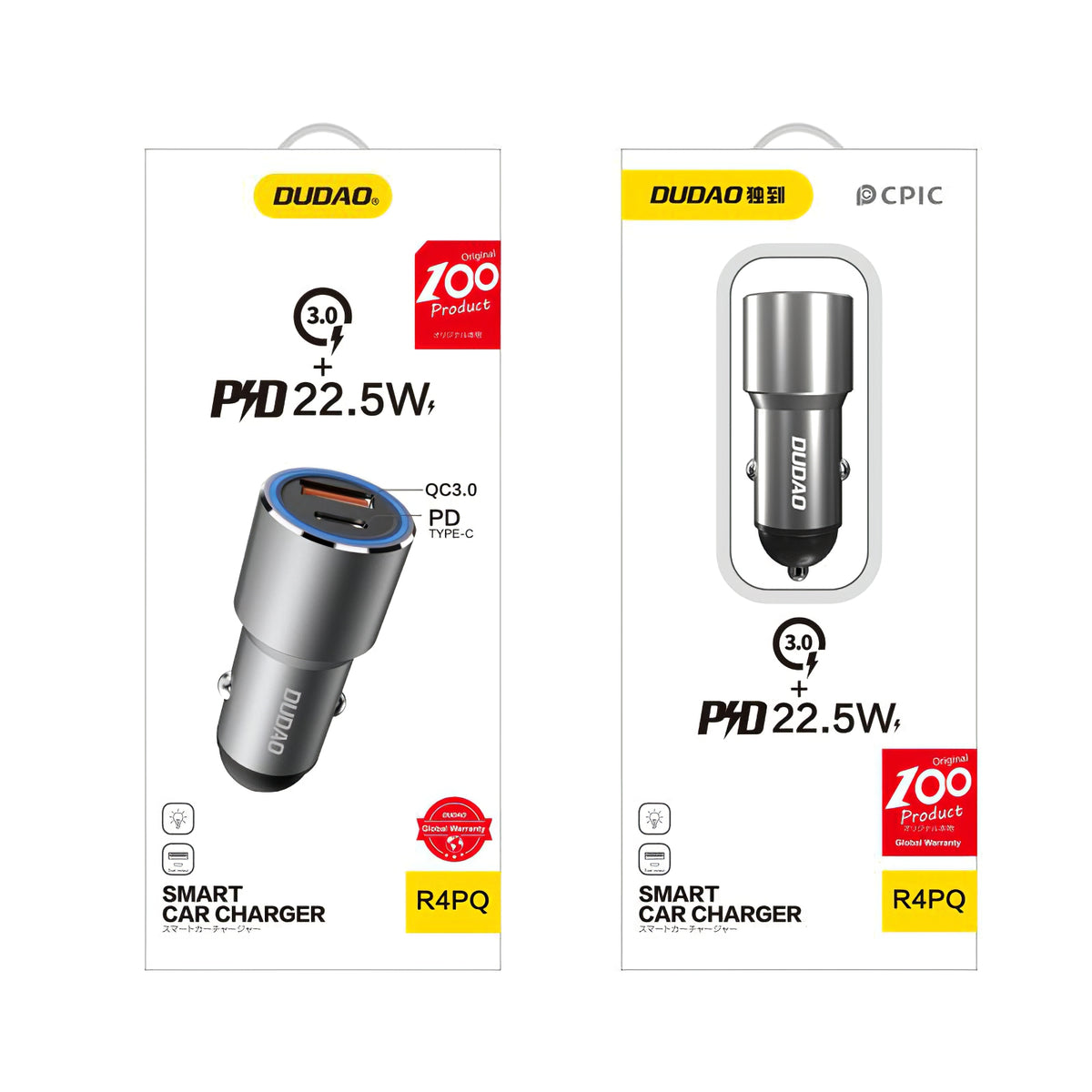 Dudao R4PQ USB autós töltő, 1 x USB - 1 x USB Type-C, 22,5 W, Gyors töltés - Power Delivery, Szürke