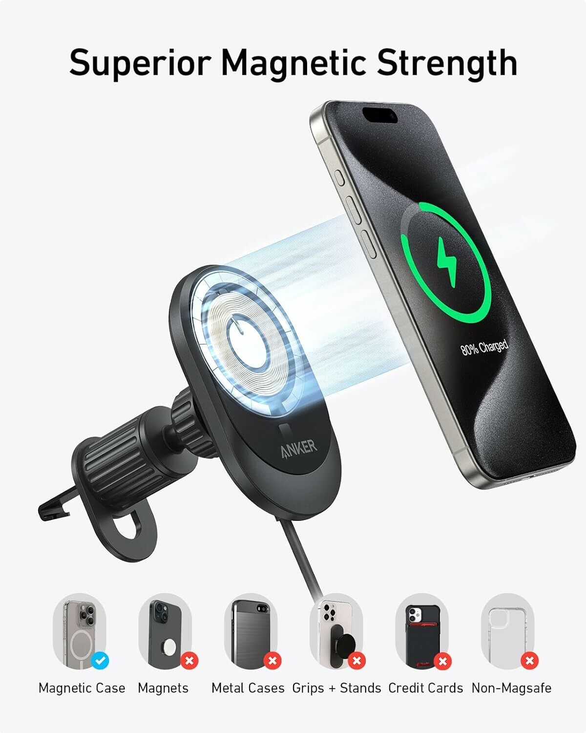 Anker MagGo vezeték nélküli autós töltő, 15W, 1.67A, Fekete B2932G11