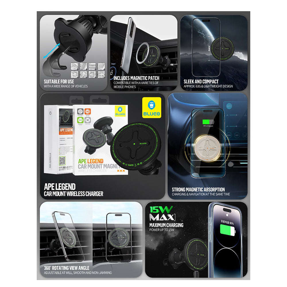 Blueo Ape Legend vezeték nélküli autós töltő, 15W, 1.67A, Fekete