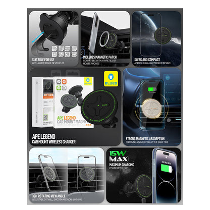Blueo Ape Legend vezeték nélküli autós töltő, 15W, 1.67A, Fekete