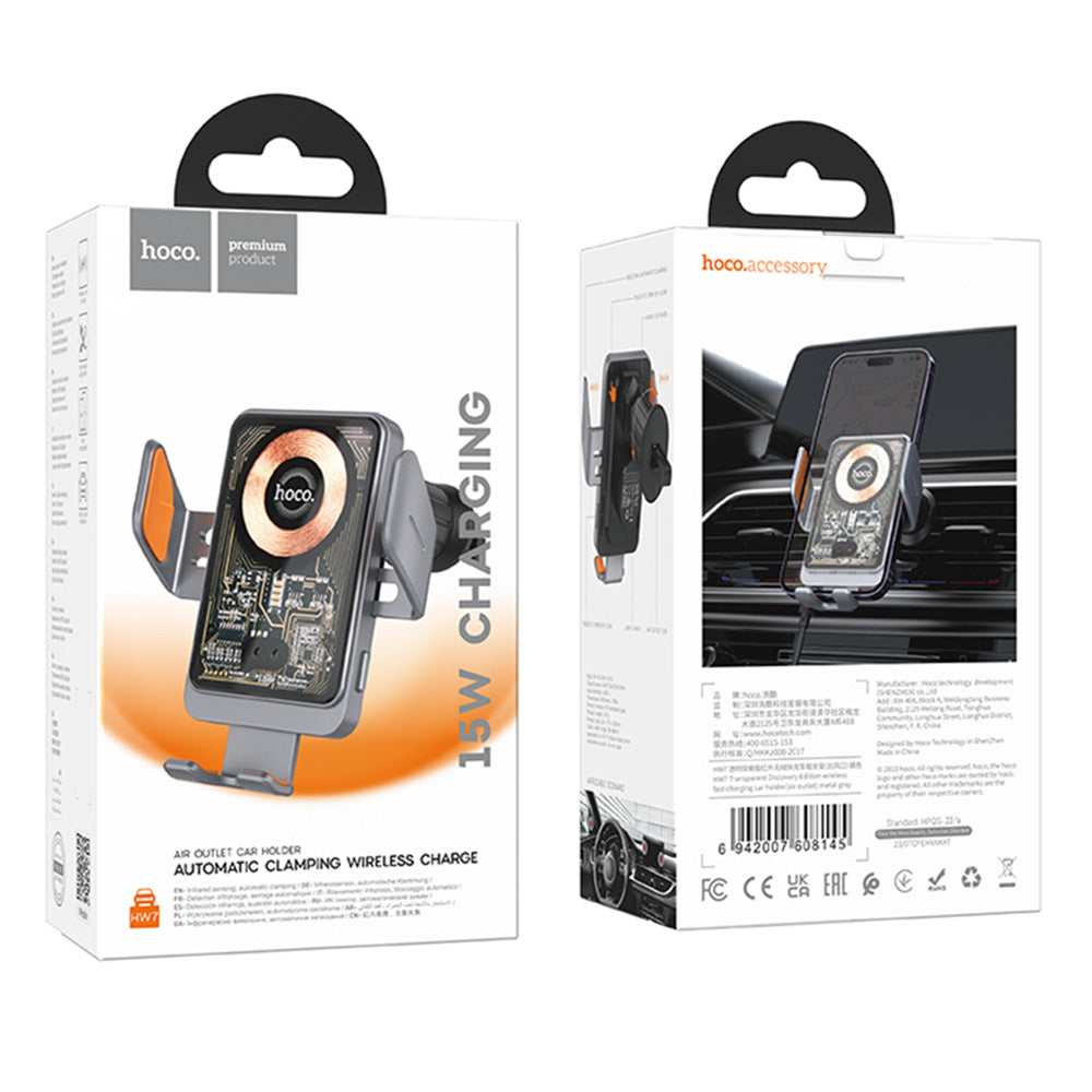 HOCO HW7 Vezeték nélküli Autós Töltő, 15W, 1.67A, Fekete