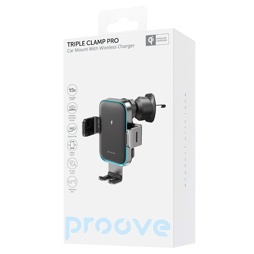 Proove Triple Clamp Pro vezeték nélküli autós töltő, 15W, 1.67A, szürke WHTP15010004