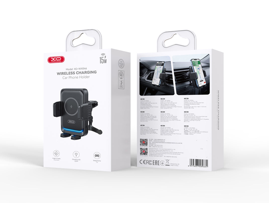 XO Design WX046 vezeték nélküli autós töltő, 15W, 1,67A, fekete