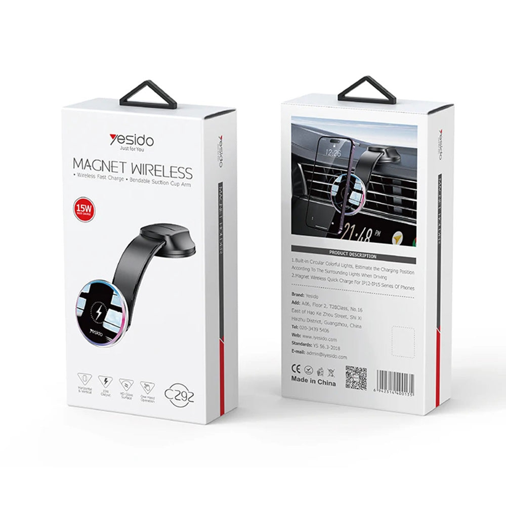 Yesido C292 vezeték nélküli autós töltő, 15W, 1.67A, Fekete
