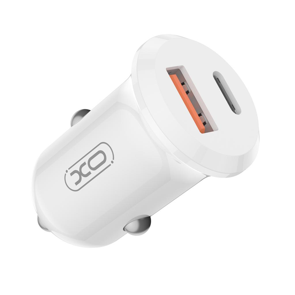 XO Design CC69 Car Charger, 30W, 3A, 1 x USB-A - 1 x USB-C, White
