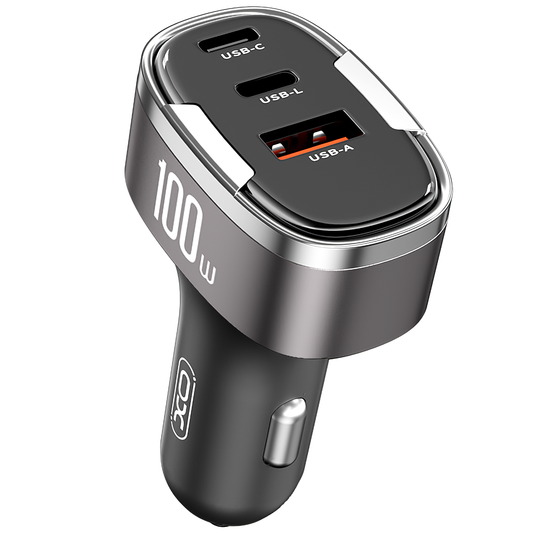 XO Design CC61 autós töltő, 100W, 3A, 1 x Lightning - 1 x USB-A - 1 x USB-C, szürke