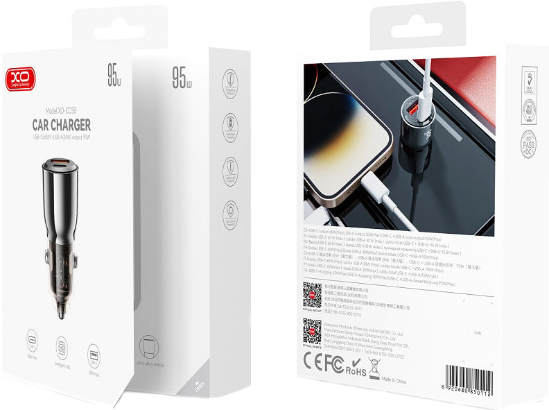 XO Design CC58 autós töltő, 95W, 3.25A, 1 x USB-A - 1 x USB-C, Fekete