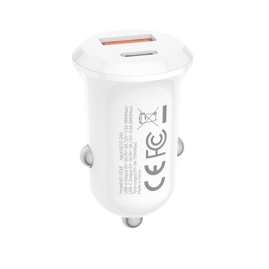 XO Design CC69 autós töltő, 30W, 3A, 1 x USB-A - 1 x USB-C, Fehér
