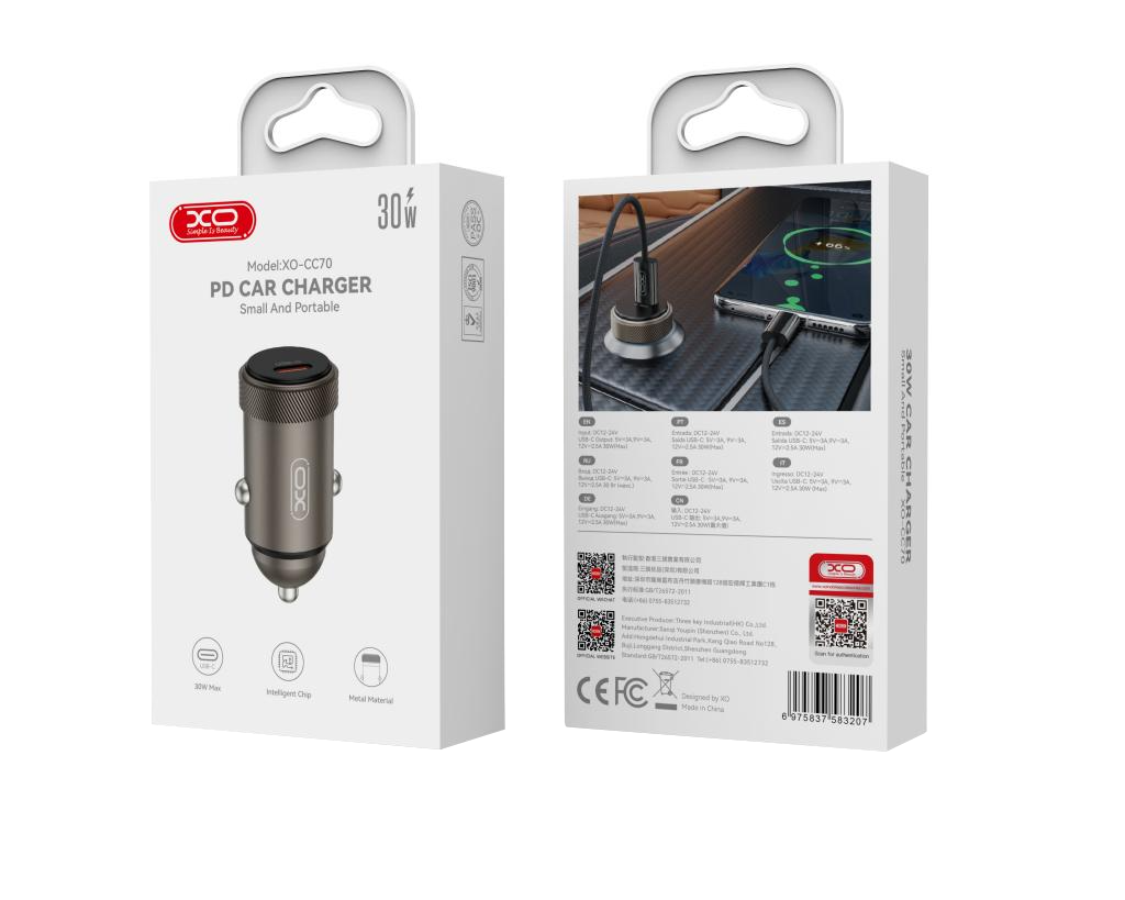 XO Design CC70 Car Charger, 30W, 3A, 1 x USB-C, Black