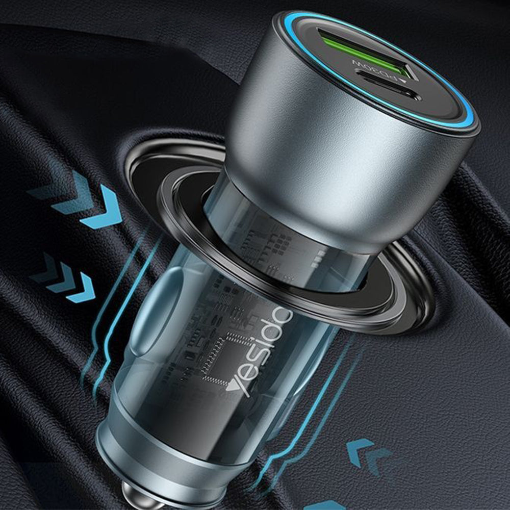 Autós töltő Yesido Y49, 30W, 3A, 1 x USB-A - 1 x USB-C, Szürke