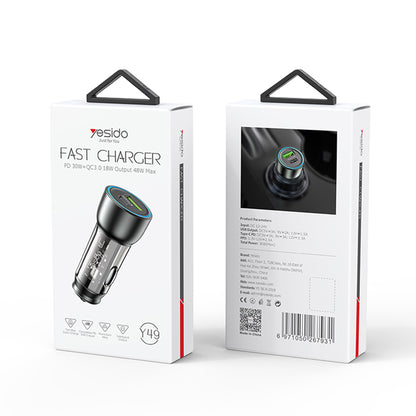 Autós töltő Yesido Y49, 30W, 3A, 1 x USB-A - 1 x USB-C, Szürke
