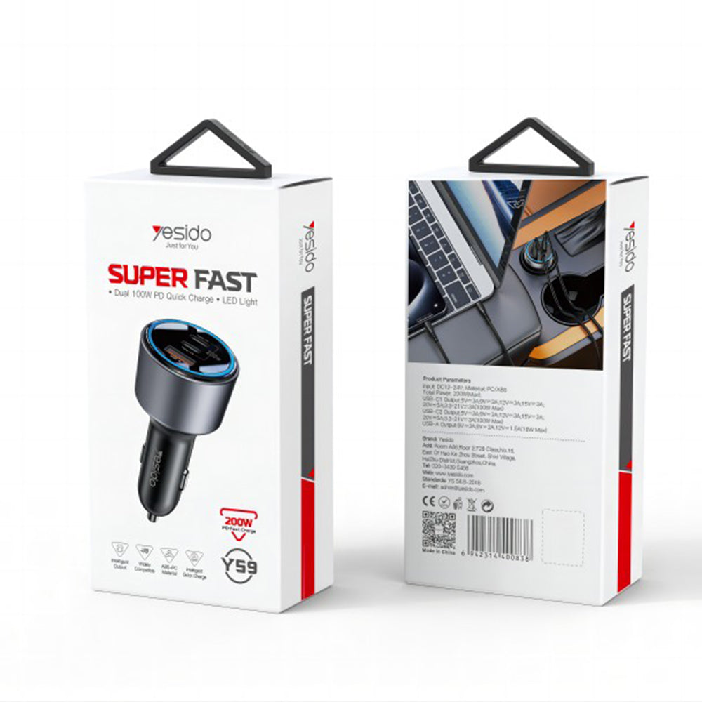 Yesido Y59 autós töltő, 200W, 5A, 1 x USB-A - 2 x USB-C, Fekete