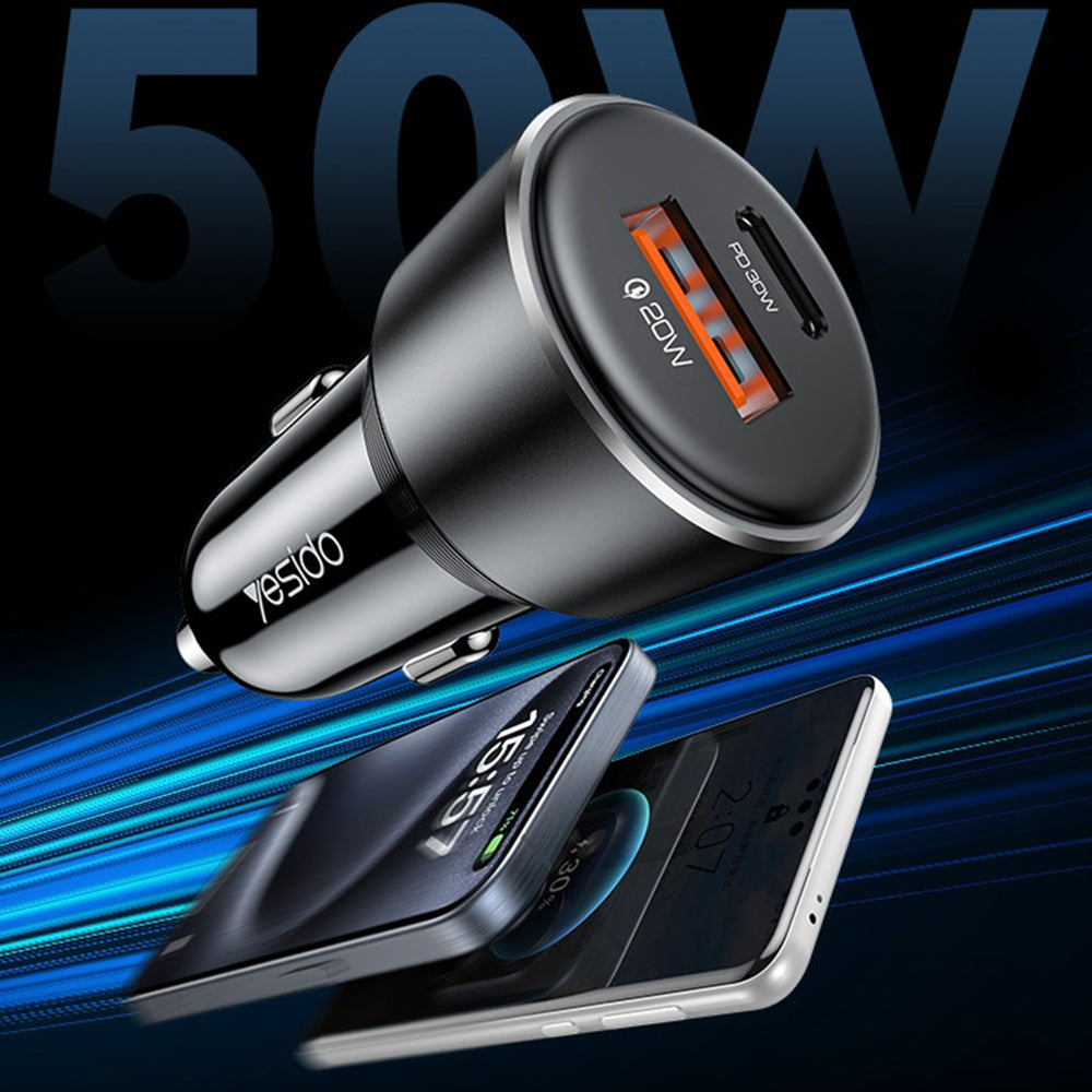 Yesido Y64 autós töltő, 50W, 3A, 1 x USB-A - 1 x USB-C, Fekete