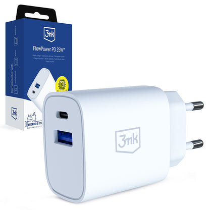 3MK FlowPower hálózati töltő, 25W, 1 x USB-A - 1 x USB-C, Fehér