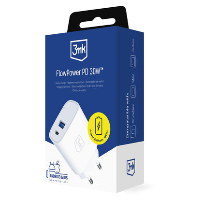 3MK FlowPower hálózati töltő, 30W, 1 x USB-A - 1 x USB-C, Fehér