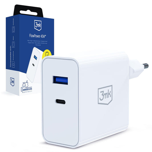 3MK FlowPower hálózati töltő, 45W, 1 x USB-A - 1 x USB-C, Fehér