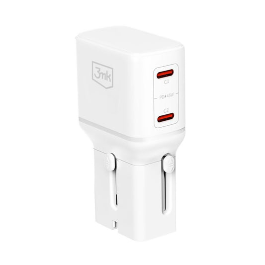 3MK Globe Travel hálózati töltő, 45W, 3A, 2 x USB-C, Fehér