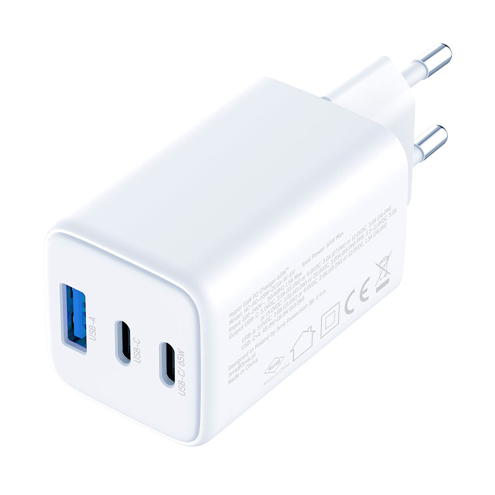 Hálózati töltő 3MK Hyper, 65W, 3.25A, 1 x USB-A - 2 x USB-C, Fehér