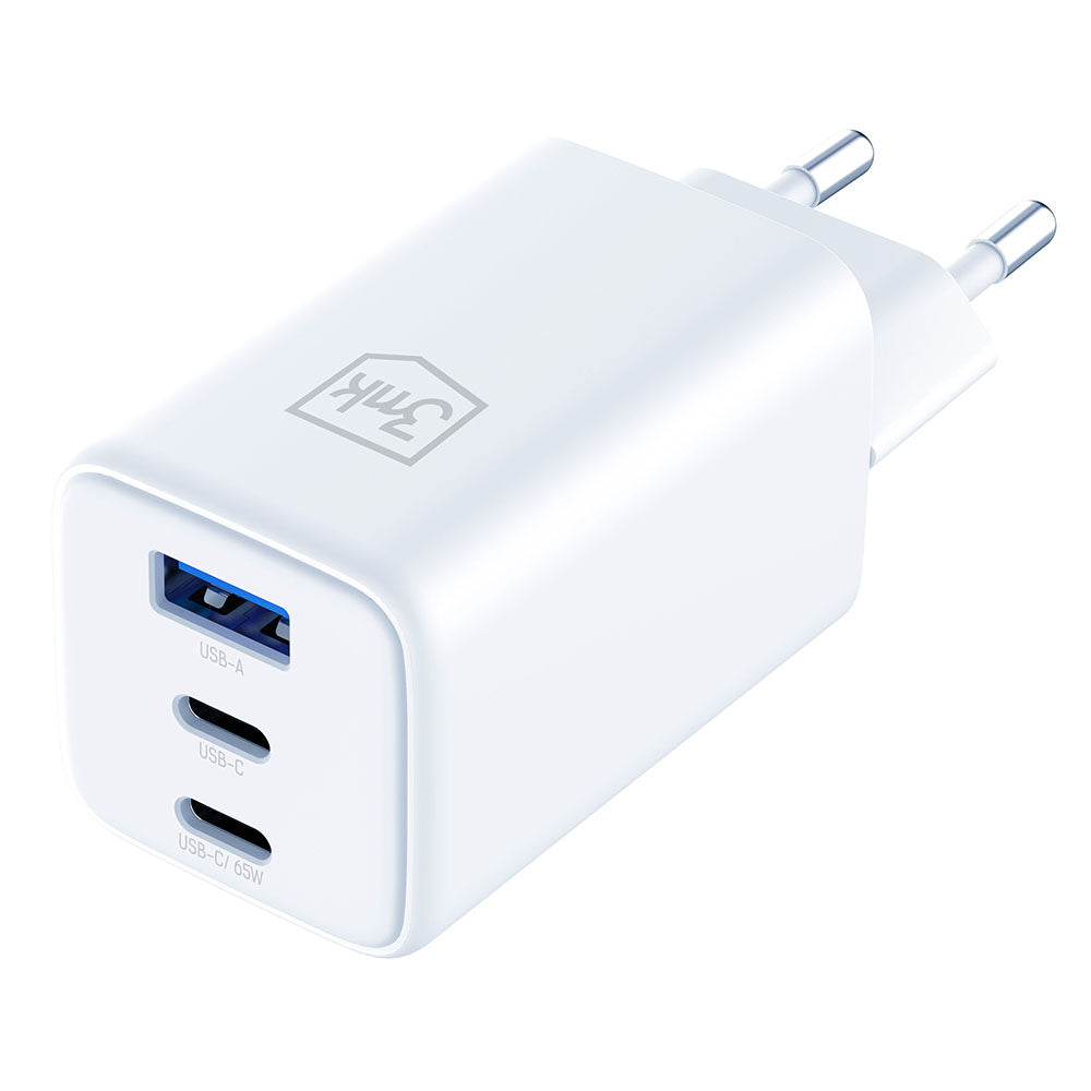 Hálózati töltő 3MK Hyper, 65W, 3.25A, 1 x USB-A - 2 x USB-C, Fehér