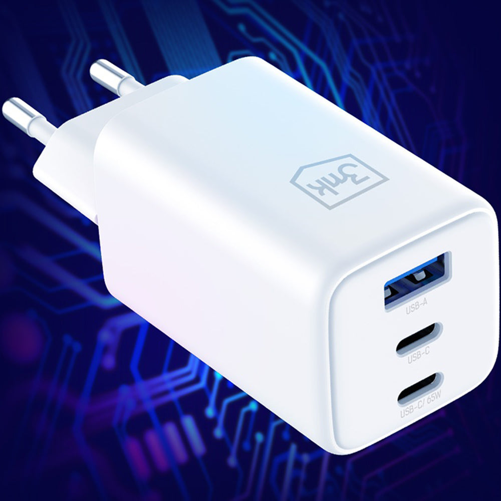 Hálózati töltő 3MK Hyper, 65W, 3.25A, 1 x USB-A - 2 x USB-C, Fehér