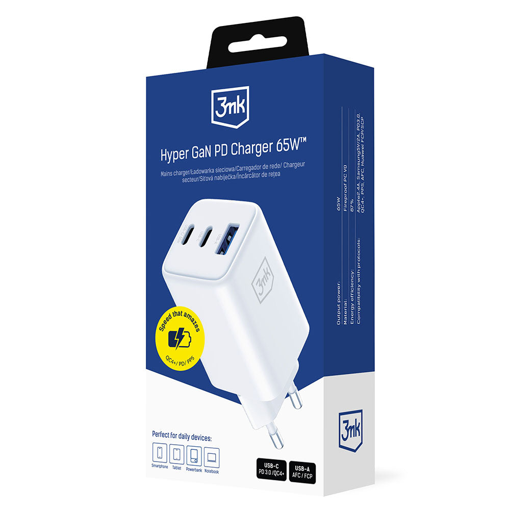 Hálózati töltő 3MK Hyper, 65W, 3.25A, 1 x USB-A - 2 x USB-C, Fehér