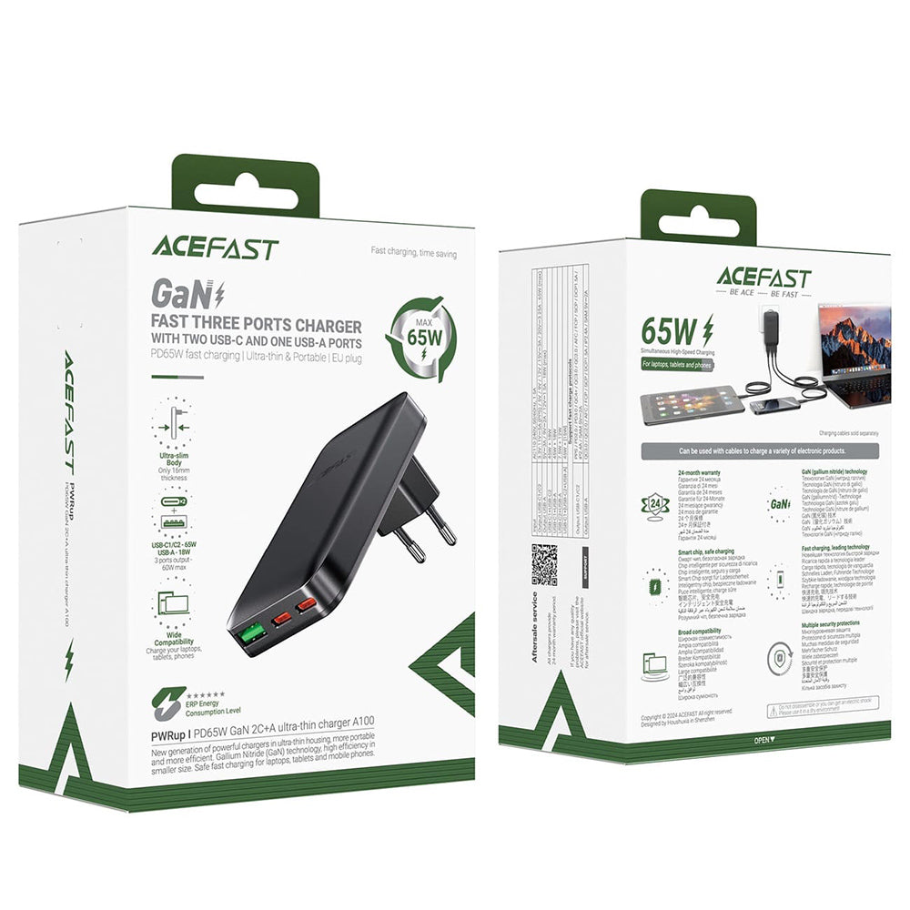Acefast A100 hálózati töltő, 65W, 3.25A, 1 x USB-A - 2 x USB-C, Fekete