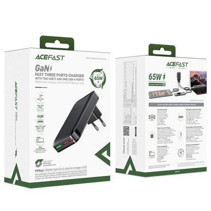Acefast A100 hálózati töltő, 65W, 3.25A, 1 x USB-A - 2 x USB-C, Fekete
