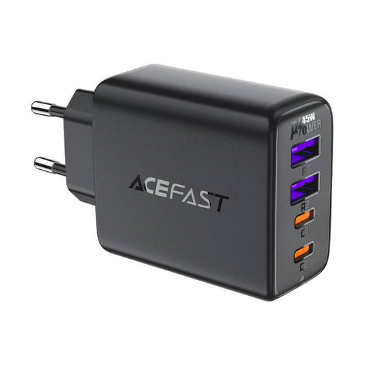 Acefast A61 hálózati töltő, 45W, 3A, 2 x USB-A - 2 x USB-C, Fekete
