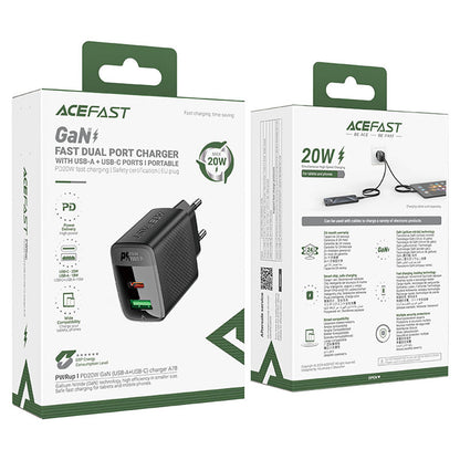 Acefast A78 hálózati töltő, 20W, 3A, 1 x USB-A - 1 x USB-C, Fekete