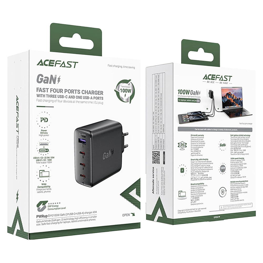 Acefast A94 hálózati töltő, 100W, 5A, 1 x USB-A - 3 x USB-C, Fekete