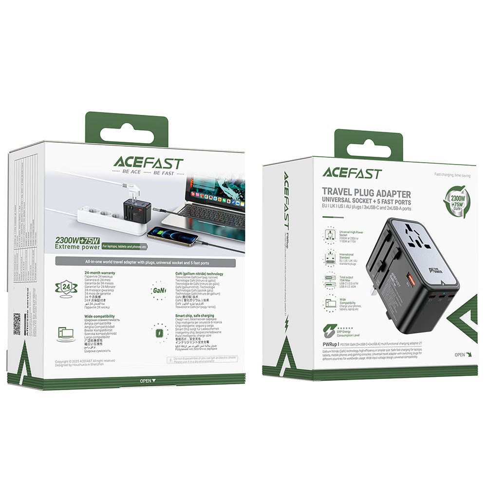 Acefast Travel Z1 Network Charger, 75W, 3.35A, 2 x USB-A - 3 x USB-C, Black