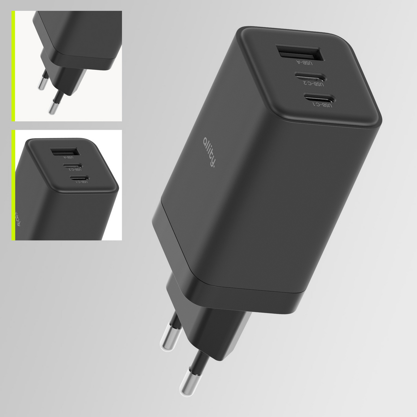 Allity Hálózati Töltő. ATC-01-65WACC Fast, 65W, 3.25A, 1 x USB-A - 2 x USB-C, Fekete