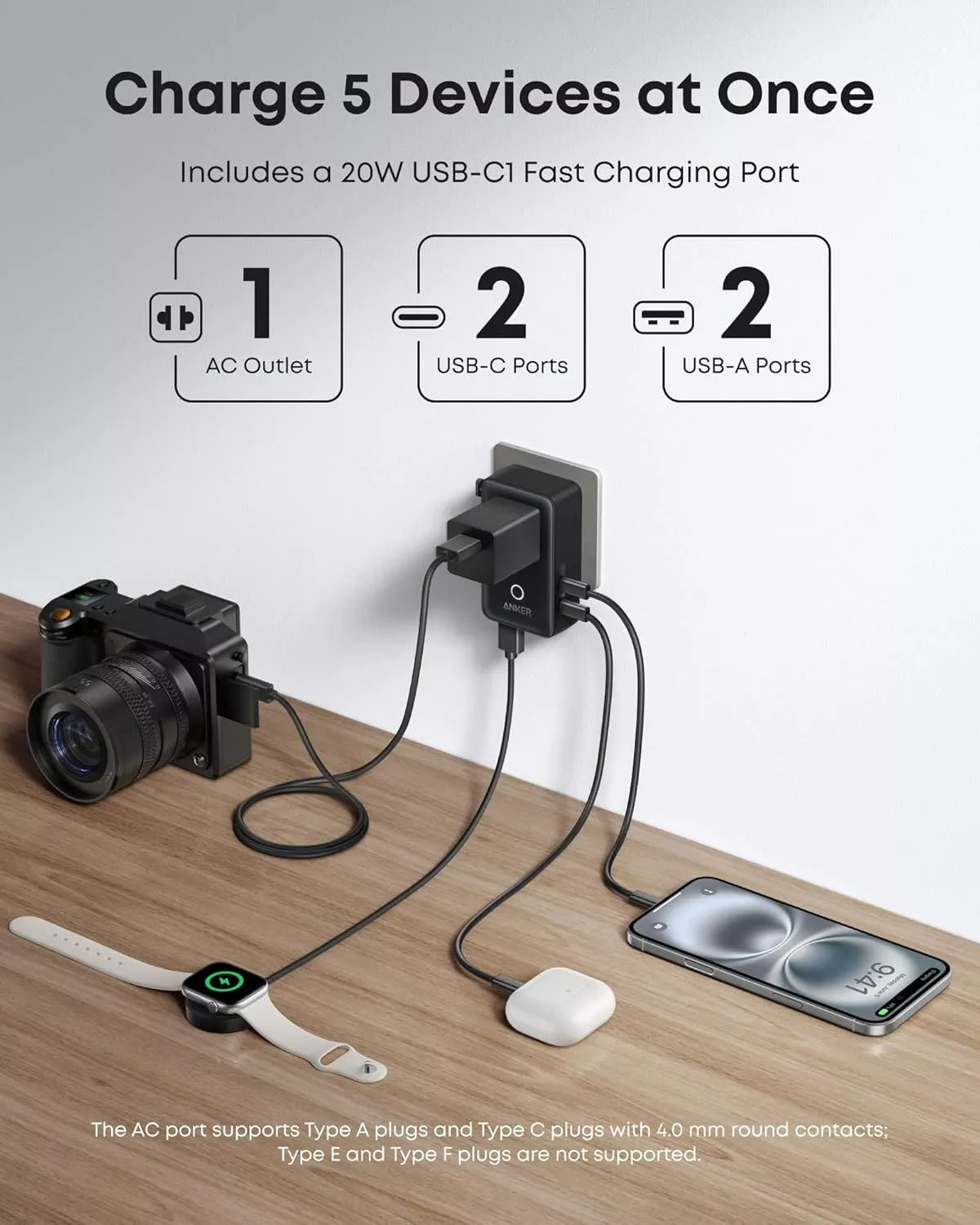 Anker Nano Travel hálózati töltő, 20W, 3A, 2 x USB-A - 2 x USB-C, Fekete A9215H11