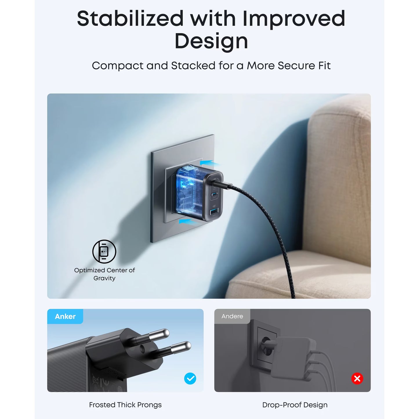 Anker Nano hálózati töltő, 70W, 3.5A, 1 x USB-A - 2 x USB-C, Fekete A121AL11