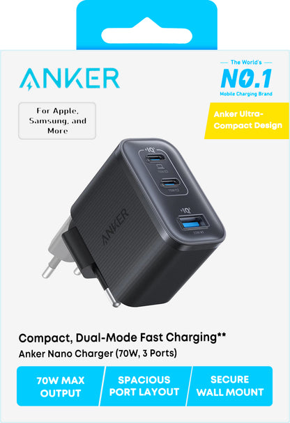 Anker Nano hálózati töltő, 70W, 3.5A, 1 x USB-A - 2 x USB-C, Fekete A121AL11