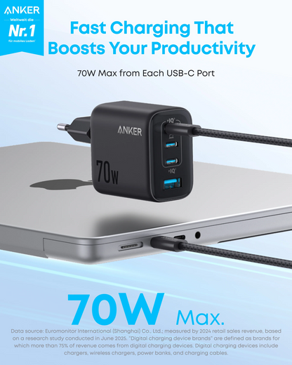 Anker Zolo hálózati töltő, 70W, 1 x USB-A - 3 x USB-C, Fekete A121CG11